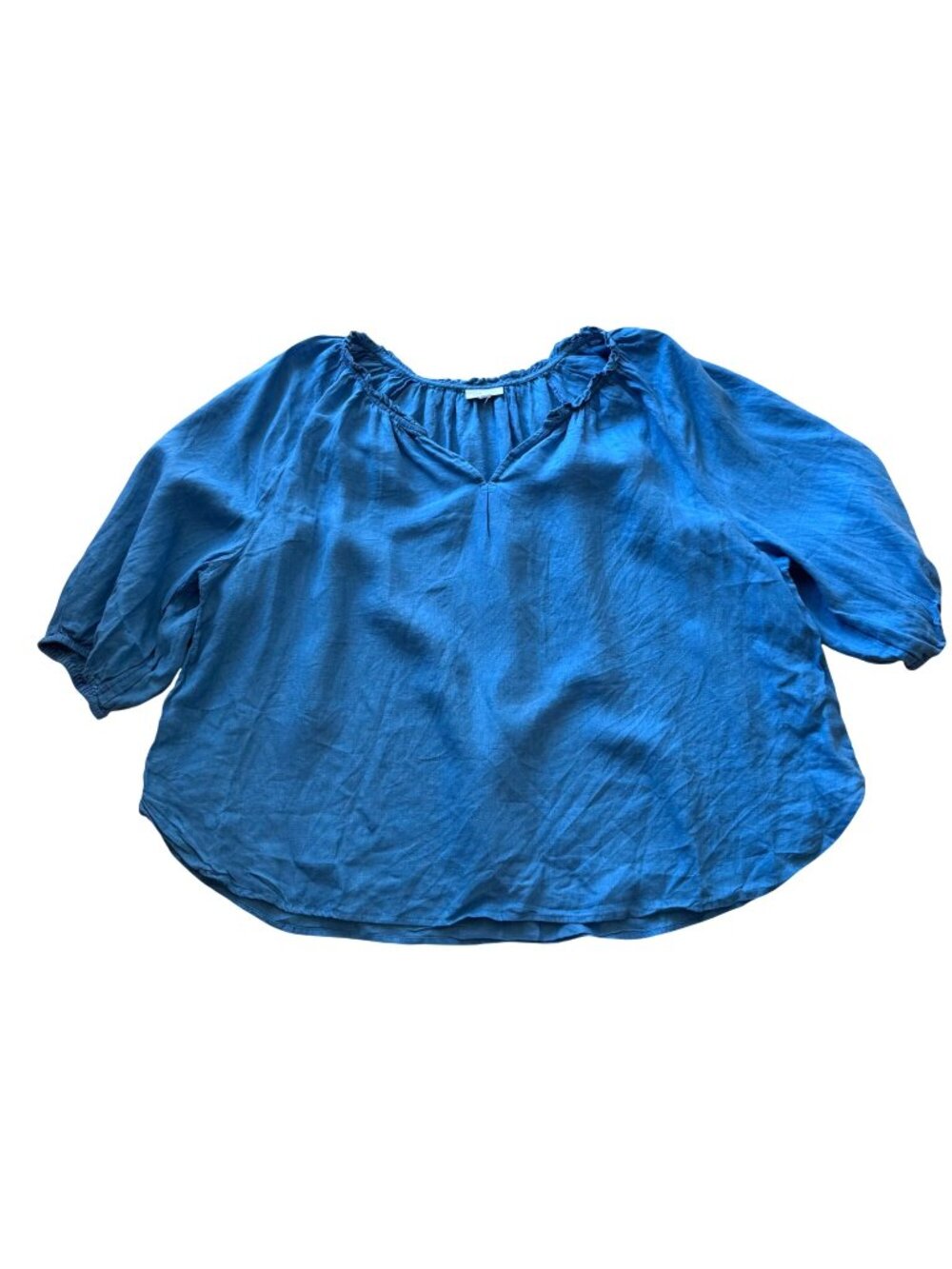 J. Jill Women's Peasant Top Blouse Blue Love Linen 3/4 Sleeve Relaxed Fit Boho